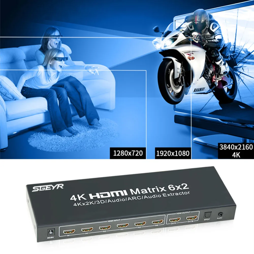 6x2 HDMI Matrix SGEYR 4Kx2K HDMI Matrix Splitter Switch 6 in 2 out Switcher with Remote Control SPDIF 3.5mm audio extractor 6x2 HDMI Matrix SGEYR 4Kx2K HDMI Matrix Splitter Switch 6 in 2 out Switcher with Remote Control SPDIF 3.5mm audio extractor