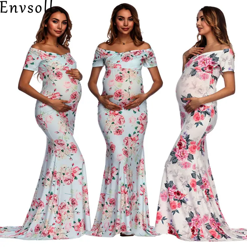 

Envsoll Floral Print Maternity Dresses Off Shoulder Maternity Photography Props Elastic Pregnancy Clothes Maxi Maternity Dress