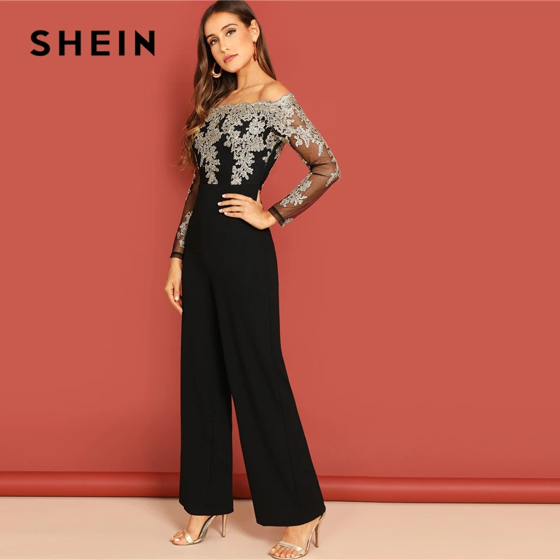 SHEIN Комбинезон С Вышивкой И Открытыми Плечами Женский Летний Черный Элегантный