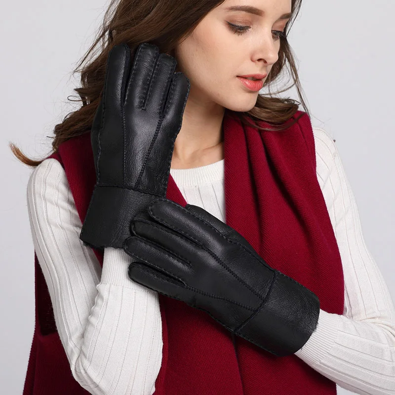 

Simple Fashion Winter Women Gloves Windproof Warm Leather Fur Gloves Wool Mittens Ladies Leather Driving Gloves Black AGB614