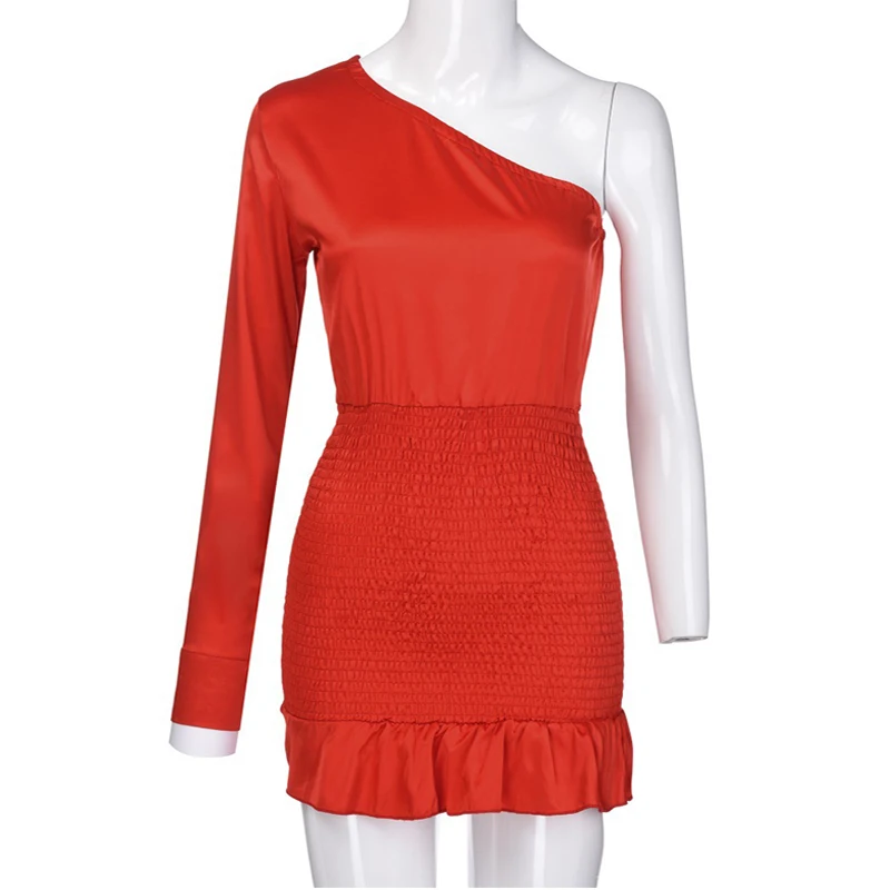 

2019 Women Summer One Shoulder Red Pleated Beach Dress Ruffles