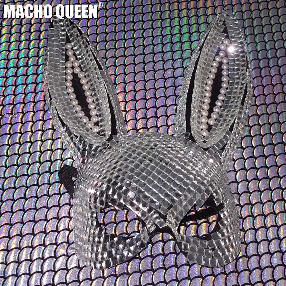 

Holographic Burning Man Rhinestone Bunny Couture Face Mask Costumes Festival Rave Clothes Outfits Gear Halloween Masquerade