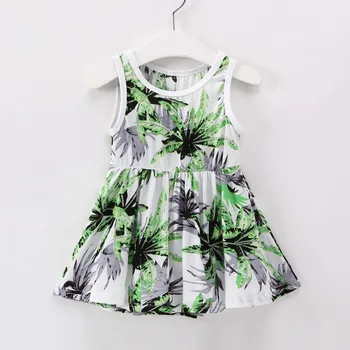 

New Summer Children Dress Kids Girls Sleeveless Clothing Leaf Tree Print Lace Up Soft Cotton Princess Dresses Clothes