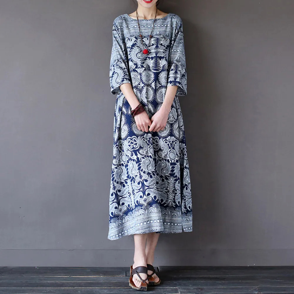 

2019 Womens Oversized Floral Print Crewneck Casual Loose Long Maxi Dress Kaftan 3.15