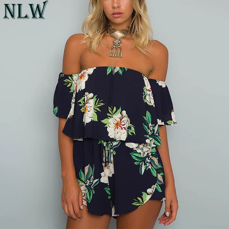 NLW Белый Boho комбинезон с принтом открытыми плечами и рюшами Летний шифоновый боди