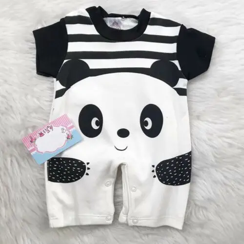 Baby Boys Girls Cartoon Striped Panda Print Romper Jumpsuit Overall Outfits
