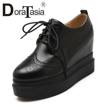 

DoraTasia 2020 Big Size 31-42 Height Increasing Brogue Shoes Woman Vintage Preppy Chic Lace Up High Heels Platform Girls Shoes