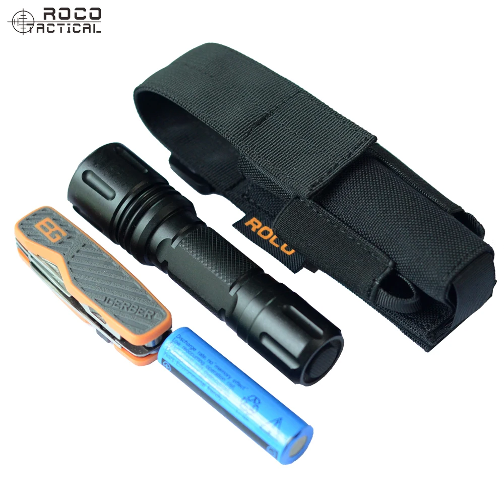 ROCOTACTICAL Universal Army Flashlight Holder Pouch With 2 Side Battery