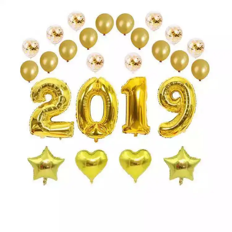 Gold 2019 Set Happy new year декоративный шар юбилей розовое золото, золото, Щепка баллон, Гелиевый шар, фольга Сердце и звезды Бало шары - Цвет: Gold 2019 Set
