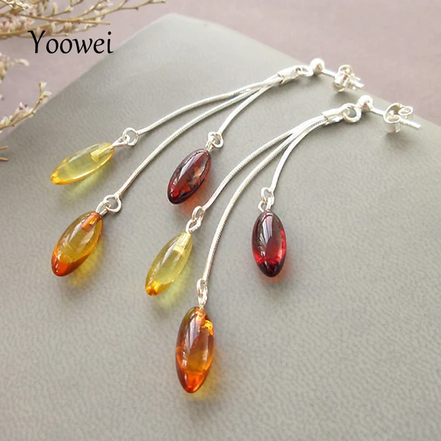 Yoowei Natural Amber Earrings For Women Birthday Gift Genuine Oval Yoowei Natural Amber Earrings For Women Birthday Gift Genuine Oval Beads Dangling Drop Baltic