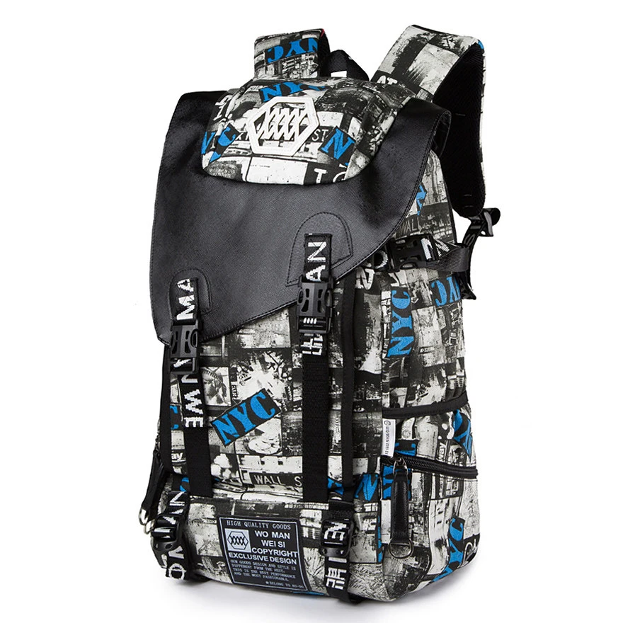 

New Trendy Printing Canvas Backpack Women Fashion Buckle Contrast Color Large Laptop Bag Men Splicing Travel Bag