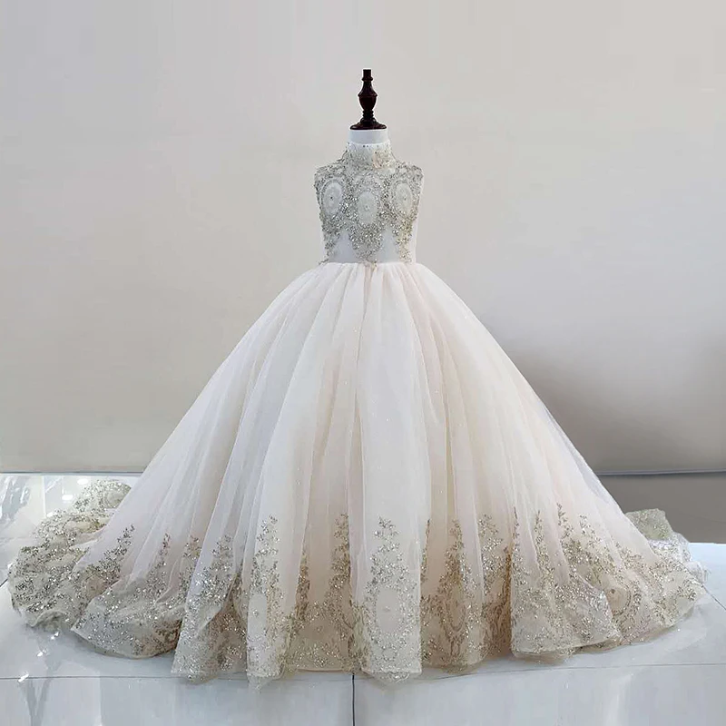 

Ho Luxury Children Girl Light Champagne Collar Golden Embroidery Ball Gown Princess Dress Studio Stage Performance Fairy Cosplay