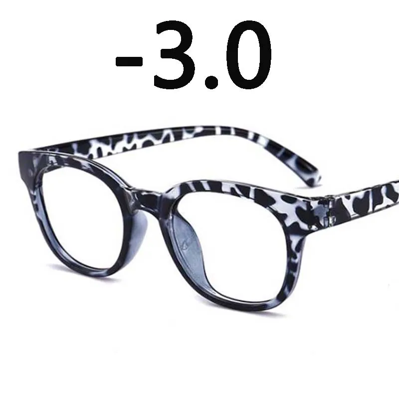 1,0-1,5-2,0-2,5-3,0-3,5-4,0 круглые очки для близорукости женские мужские Ретро TR90 очки для близорукости синяя желтая белая оправа - Цвет оправы: white leopard -3.0