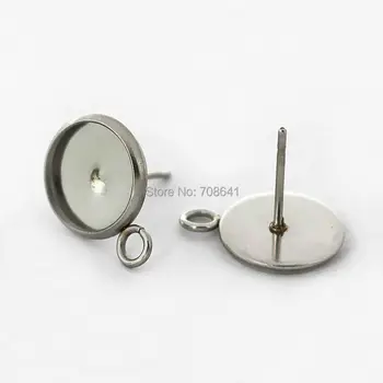 

Blank Stainless Steel Stud Earrings Base Settings Round Smooth Bezel with Side Loop Cabochon Ear Pins Earrings post DIY Findings