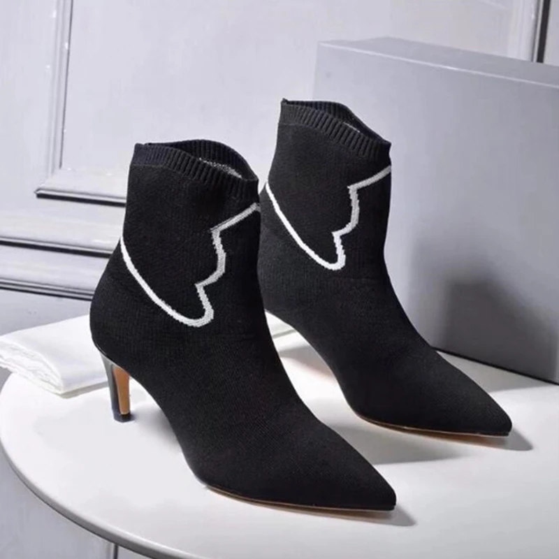 

Hanbaidi spring elastic Ankle Boots for Women white pattern decor kitten Heels Knitted stretch sock Shoes Women Celebrity pumps