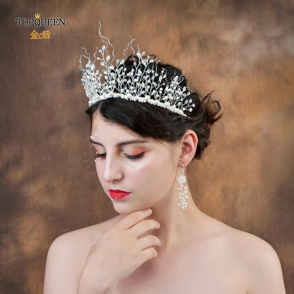 

TOPQUEEN Bridal Tiara Pearls Wedding Tiara and Crown Crystal Bride Hair Jewelry Handmade Wedding Hair Accessories HP198
