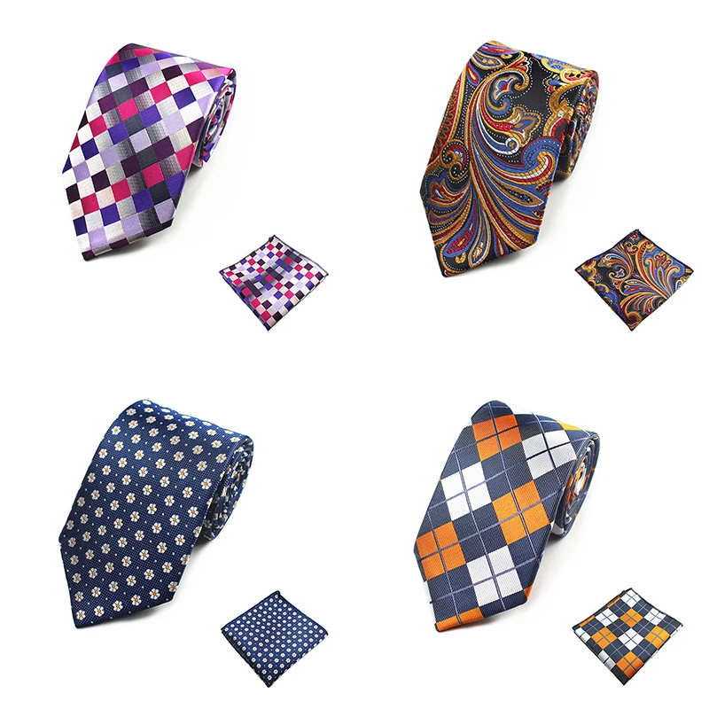 New Arrivel 8cm Tie Men Hanky Handkerchief And Necktie Silk Tie Set Man Corbatas Hombre Floral Plaid Wedding Tie Cravate Homme