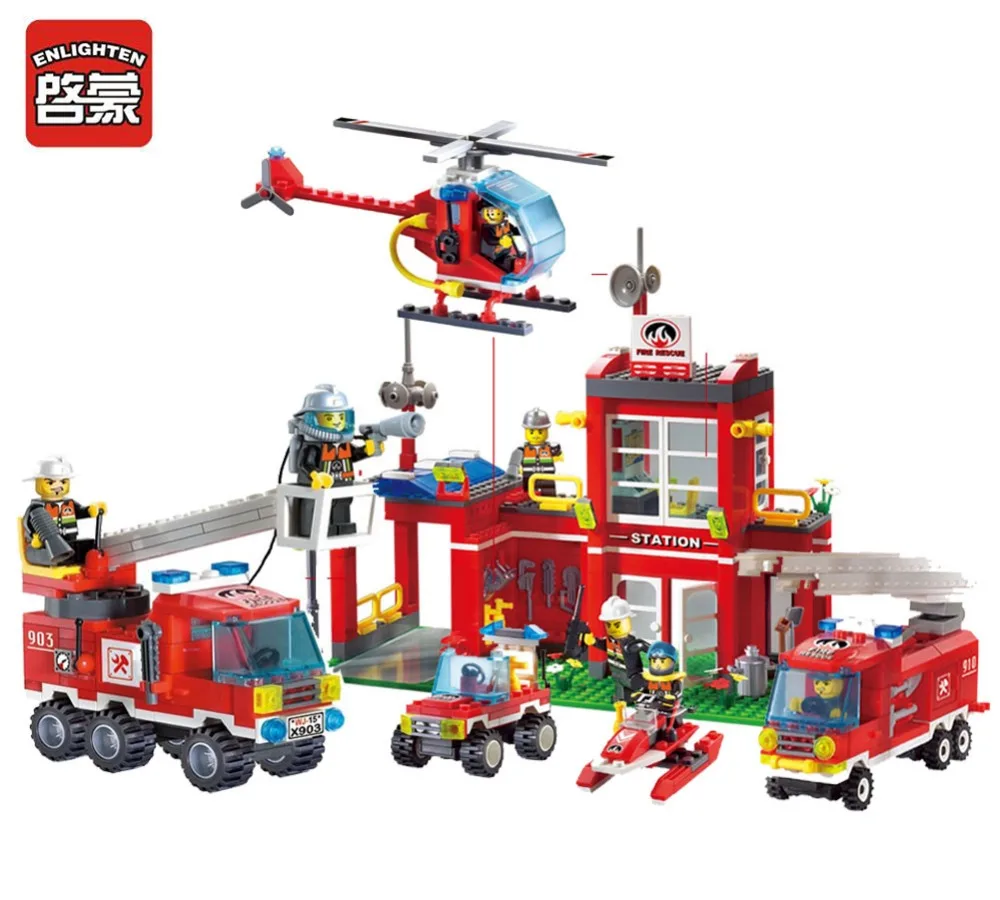 

Enlighten Building Block Fire Rescue Fire Station Branch 10 Firemen 768pcs Bricks-Without Original Box