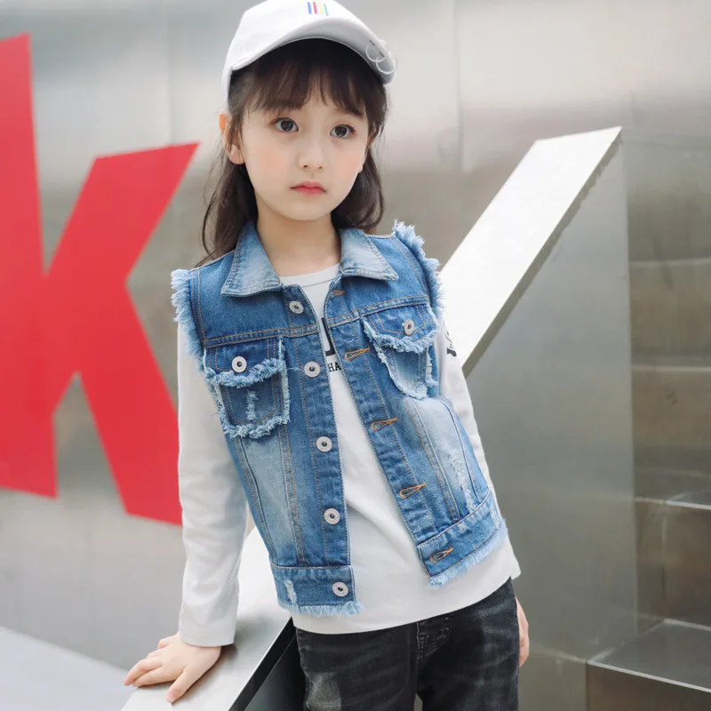 Осенние модные джинсовые жилеты в Корейском стиле для девочек Однотонные куртки ковбойский жилет без рукавов детский короткий жилет кардиган жилеты