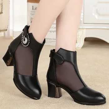 

Genuine Leather Summer Women's Sandals Spring Women Ankle Boots Big Size 41 42 43 Fashion Mesh Dress Sandals Female High Heels