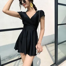 Купальник женский цельный плюс размер купальный костюм для бассейна ощущение жира легкий корейский черный лонгслив под змеиную кожу твердый полиэстер Sierra