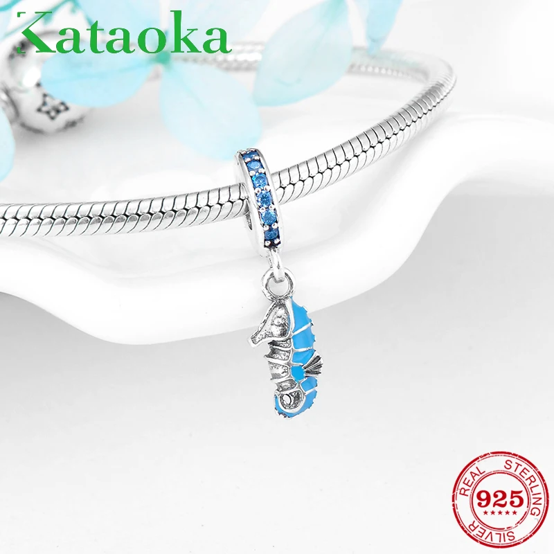 

2018 Fashion Blue Hippocampus Charms 925 Sterling Silver Beads Fit Original Pandora Charm Bracelet Jewelry Making