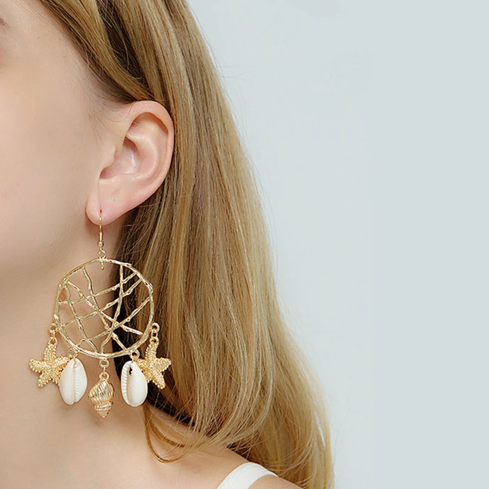 

Punk Female Earrings Fishing Net Shell Conch Starfish Pendant Gold Earring Set Creative Lady Seaside Jewelry Accessories