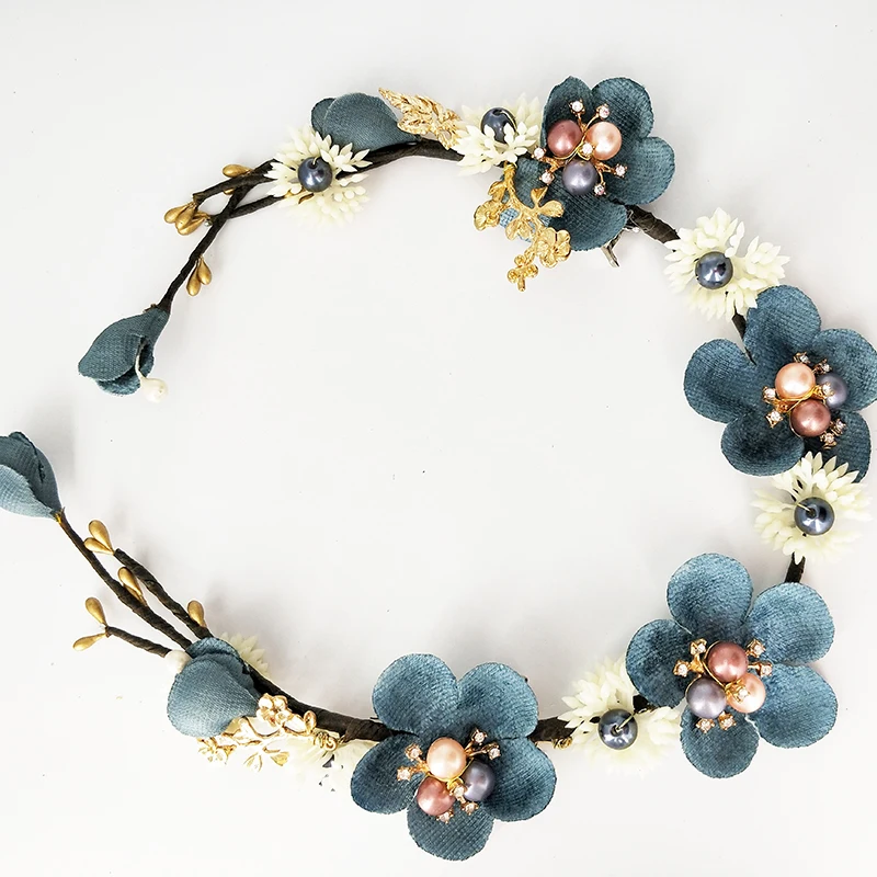 Bride Blue Flower Headband Pearl Headdress Wedding Handmade rattan Hair Accessories Hairclip Women wreath Decoration on the Head