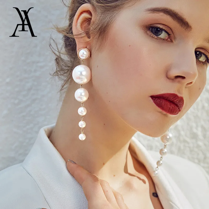 

Fashion Korean Big Simulated Pearl Long Earrings Elegant Pearl String Statement Earrings for Women Party Wedding Jewelry