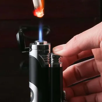 

Creative Cigarette Lighter with Cigar Cutter Double Straight Blue Flame Gas Lighter Windproof Jet Butane Lighter Cigar Accessory