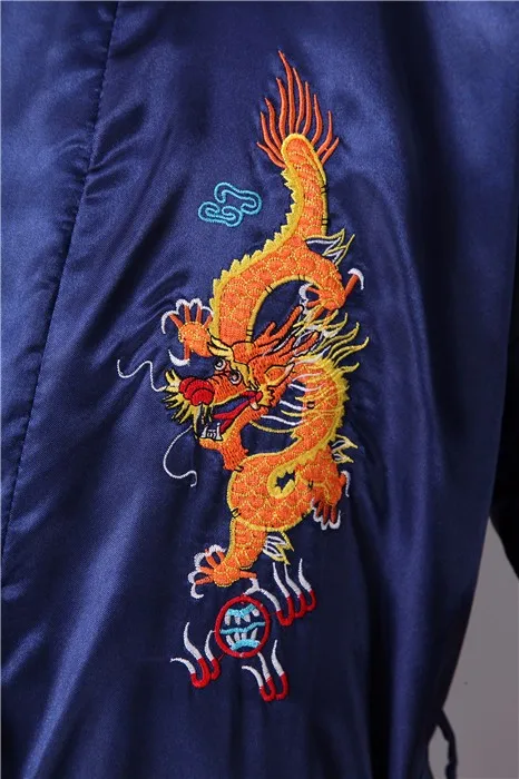 Темно-синие традиционная Китайская вышивка Для мужчин халат атласные пижамы Винтаж Дракон кимоно юката Ванна платье Размеры s m l xl XXL, XXXL