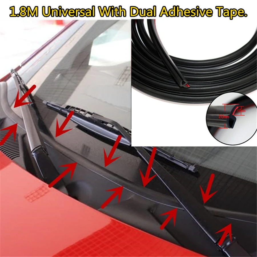 Universal Upgraded with Double-side adhesive tape 1.8M Rubber Sealed Strips Trim installed under Front windshield wiper Panel
