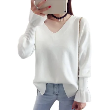 

Women Pullovers Korean Solid Color V-neck Sweater Women Loose Trumpet Flare Sleeve Sleeve Sweater Split Clothing