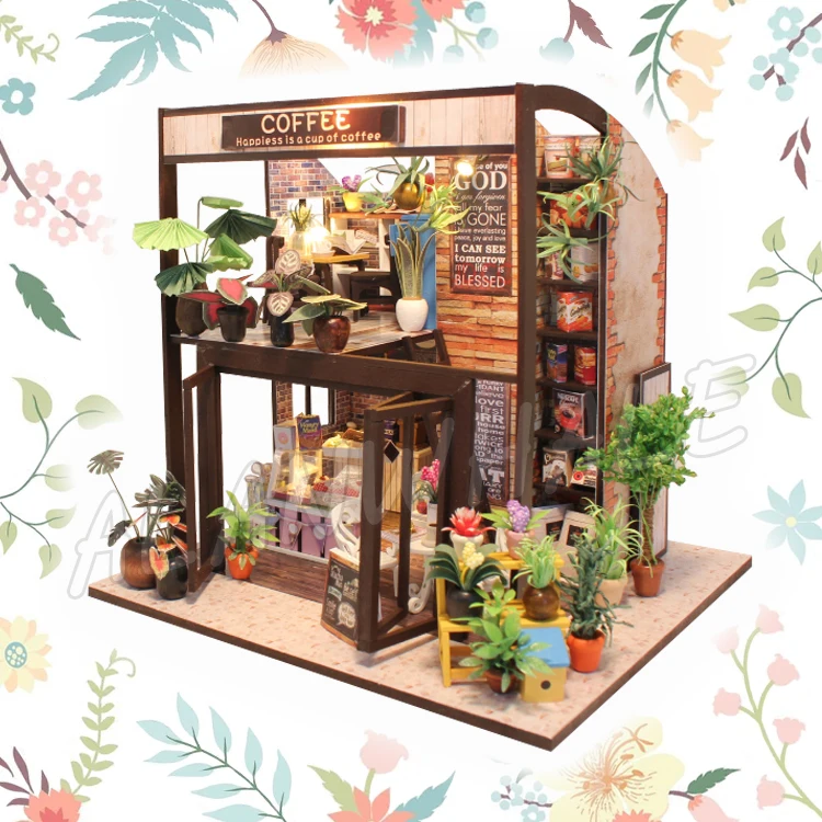 

Miniature Doll House City Coffee Bar Shop DIY Wooden Dollhouse With Furnitures Crafts Adult Teenager Toys Model Building Kits