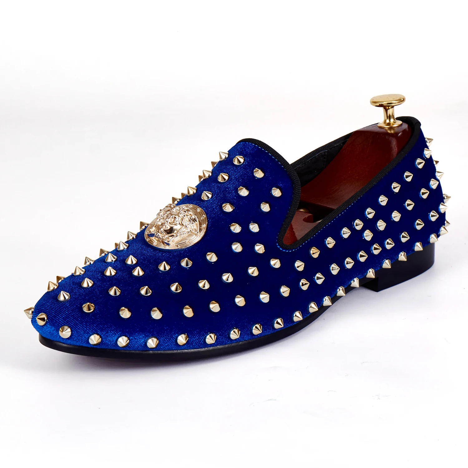 Harpelunde Men Dress Shoes Blue Velvet Loafers Spikes Handmade Buckle ...