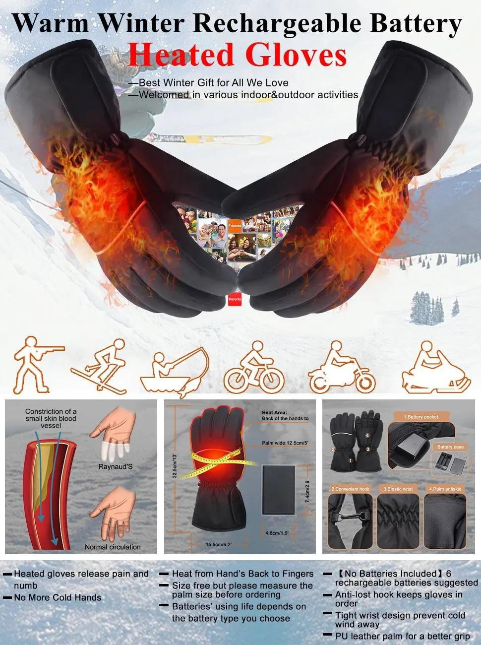 GlobalV водонепроницаемые перчатки с электрическим подогревом с питанием от аккумулятора зимние походные лыжные перчатки для велоспорта теплые перчатки с подогревом для мотоцикла и охоты