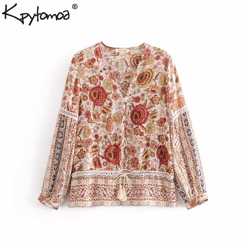 

Boho Chic Summer Tops Vintage Floral Print Patchwork Blouse Women 2019 Fashion V Neck Lace Up Tassel Beach Shirts Blusas Mujer