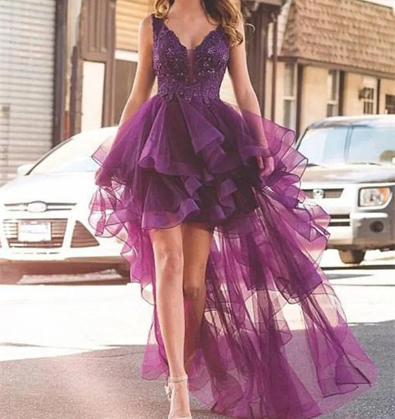 

Purple v neck tulle lace short prom dres purple evening dress party dress