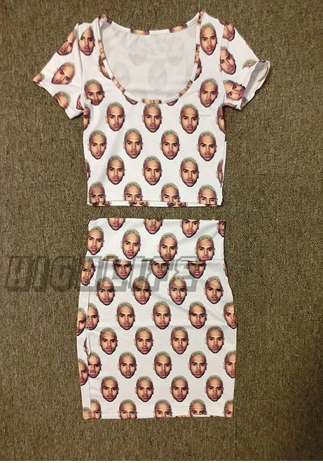 Женский 3D комплект из двух предметов, топы и юбки, набор, хип-хоп костюмы, наряды, футболки, комплект из 2 предметов, женский спортивный костюм - Цвет: Chris Brown a set