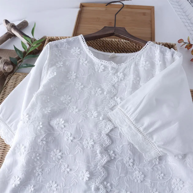 

Cotton hollow three-dimensional flower solid color shirt summer blouse Female