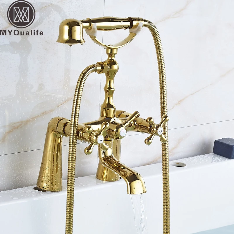 

Telephone Style Deck Mounted Bathroom Tub Mixer Taps Dual Handle with Hand Shower Dual Holes Bathtub Faucet Crane