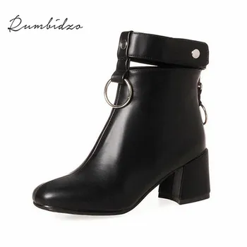 

Rumbidzo Women Boots 2018 Round Toe Woman Ankle Boots Thick Heel Zipper Metal Decoration Winter Bootie Women Botas
