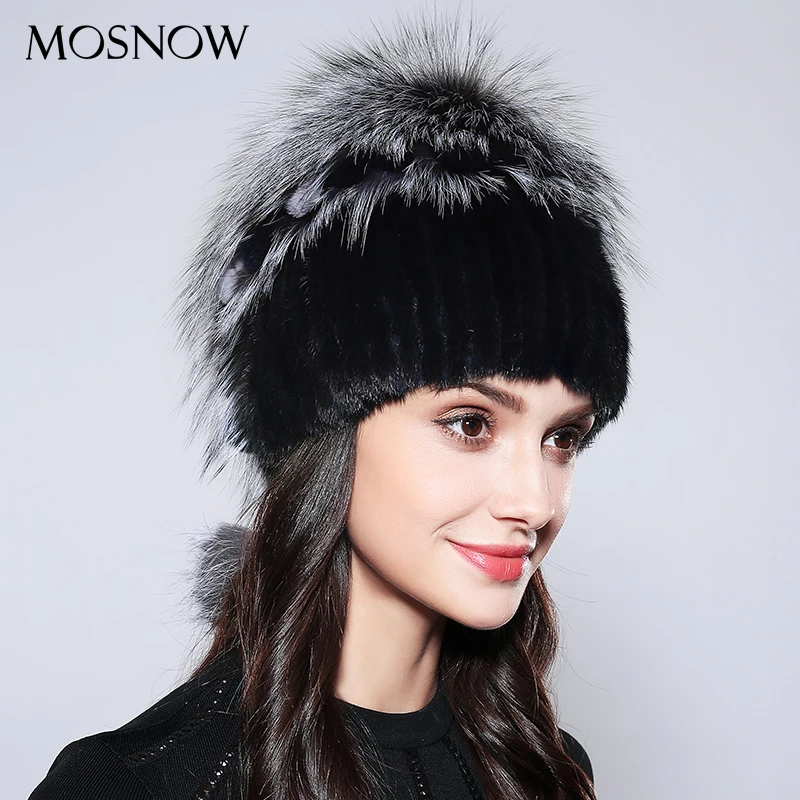 На зимнем меху Шапки Girls'Hat класса люкс из натурального меха норки, Для женщин черно-бурой лисицы с бубоном, новинка модная зимняя обувь на высоком каблуке качественный капот шапки