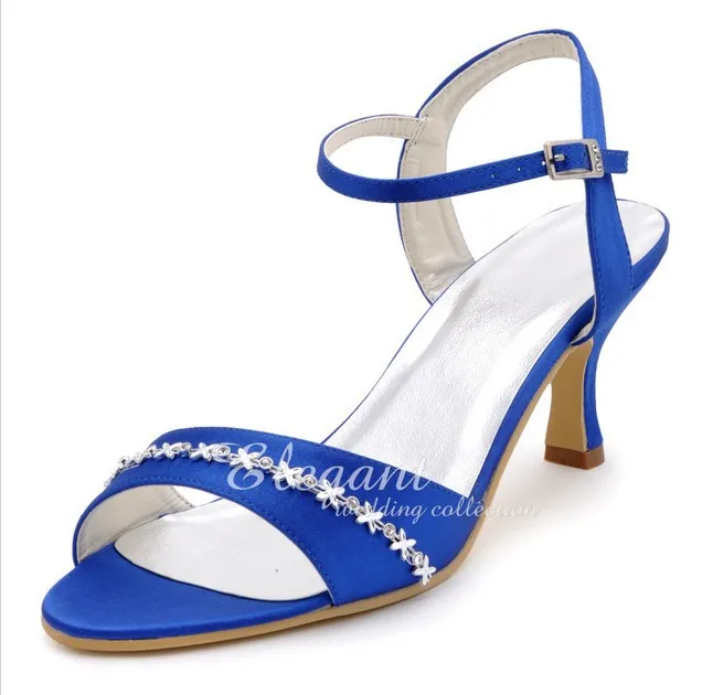 Elegant Summer Sandals Lady High Heel Fashion Shoes Blue Banquet Shoes Satin Rhinestone Wedding Bridal Dress Shoes
