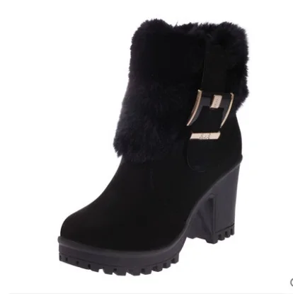 Г., женская зимняя обувь на квадратном каблуке классические теплые меховые женские ботинки с пряжкой черные ботильоны на платформе и высоком каблуке женские ботинки