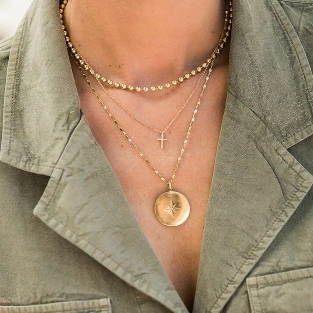 

Women Necklaces Fashion Beads Chain Compass Cross Pendant Multilayer Gold Long Necklace Set Exquisite Valentine's Day Gift