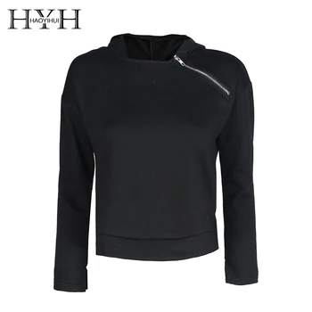 

HYH HAOYIHUI Spring Women Sweatshirt Warm Solid Black Hoody Long Sleeve Cold Shoulder Casual Tops Zipper Split Chic Sweatshirt