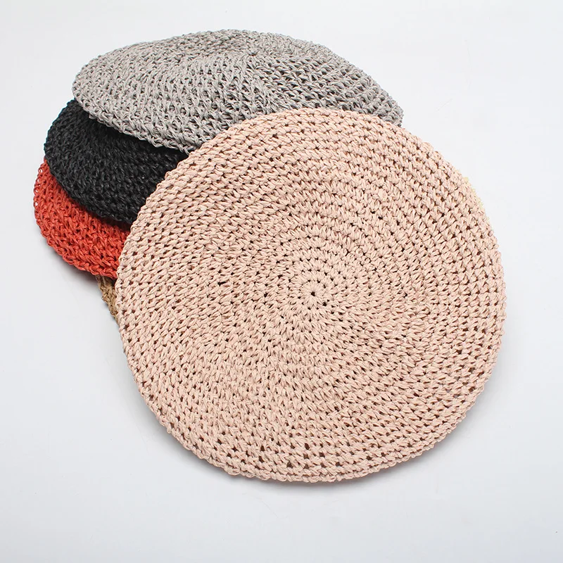 

Original Design Hand Hook Women Papyrus Beret Hats High Quality Ladies Flat Straw Solid Cap Spring Autumn Dropshipping Wholesale