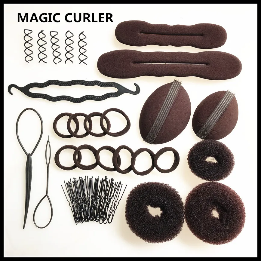 23pcs DIY Magic Hair Braider Sponge Donut Bun Fluffy Pads Spiral Hair Twist Simple Bridal Hair Net Hairstyling Tools Set