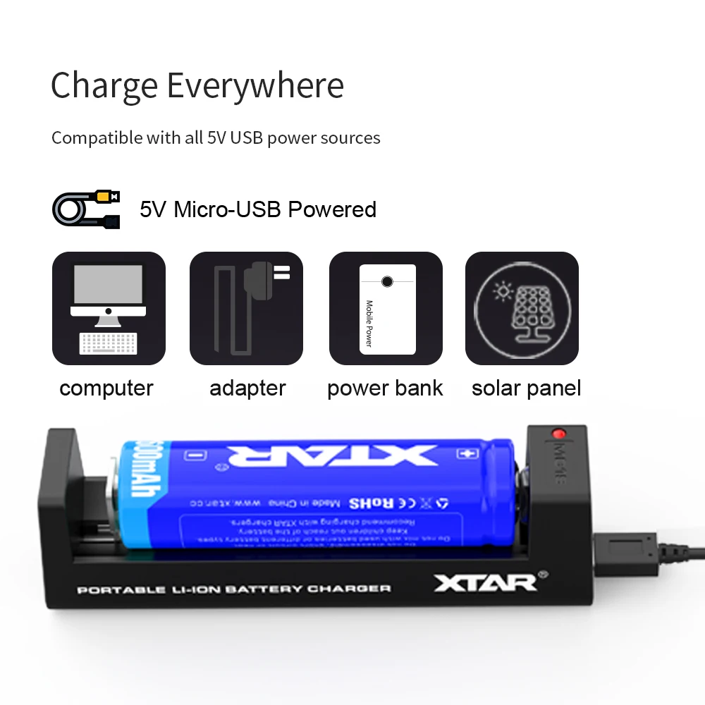 XTAR MC1S зарядное устройство 5 в микро usb Зарядка 3,6 В/3,7 в литий-ионный аккумулятор 10400-26650 25500 26650 20700 21700 18650 зарядное устройство